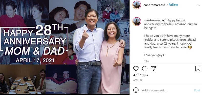 Sandro Marcos dedicated a post to his parents Bongbong Marcos and Louise Cacho Araneta on Instagram
